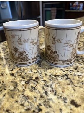 Vtg 1997 Island Heritage Hawaiian Islands Map Coffee Mug Cup Sepia Tan Lot of 2